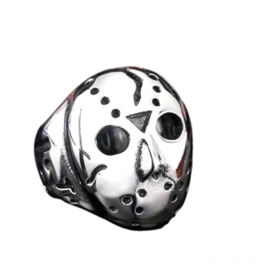 Jason mask ring three-quarter front view - polished silver stainless steel with detailed black mask features and venting