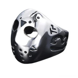 Jason hockey mask ring left side view - silver and black stainless steel gothic ring with size 13 engraving