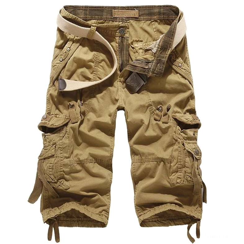 Khaki canvas cargo capri shorts flat lay with belt - gothic utilitarian style knee-length