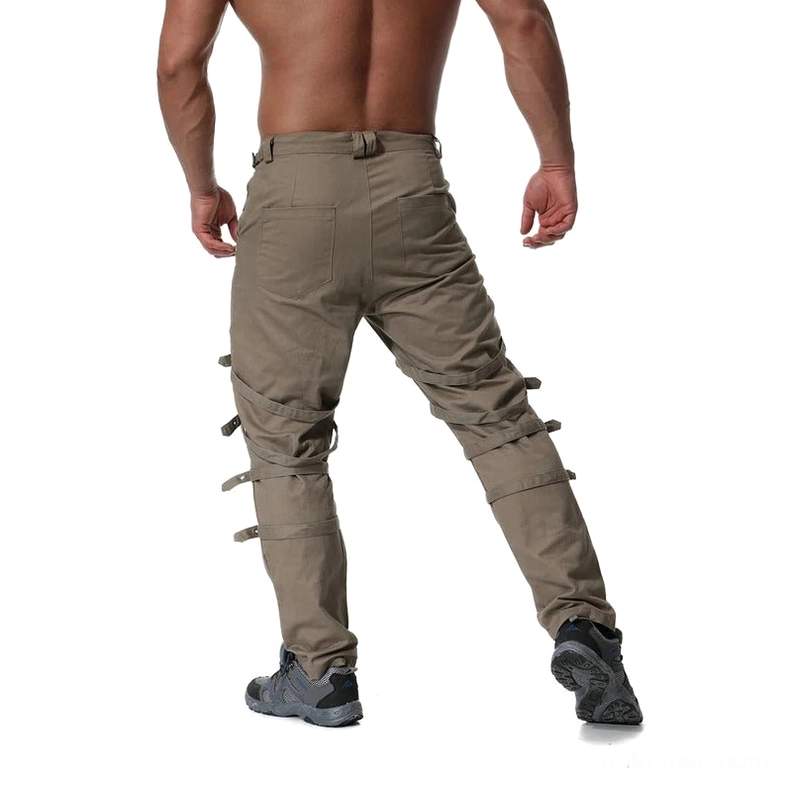 Khaki cargo pants back full-body view with pocket details and leg strap elements