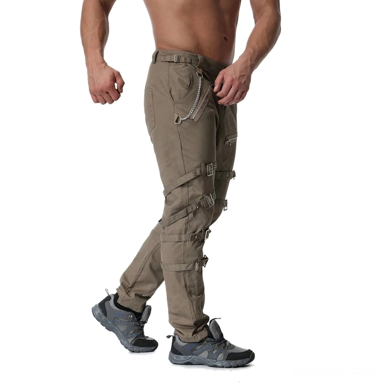 Khaki gothic cargo pants side view showing metal chain zipper and buckle straps