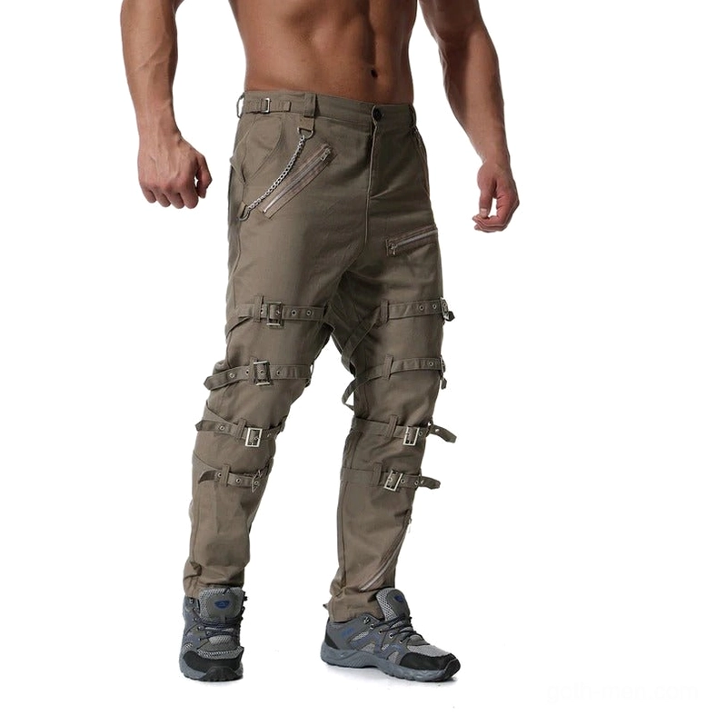 Khaki tapered gothic cargo pants with side zippers and strap buckles detail view