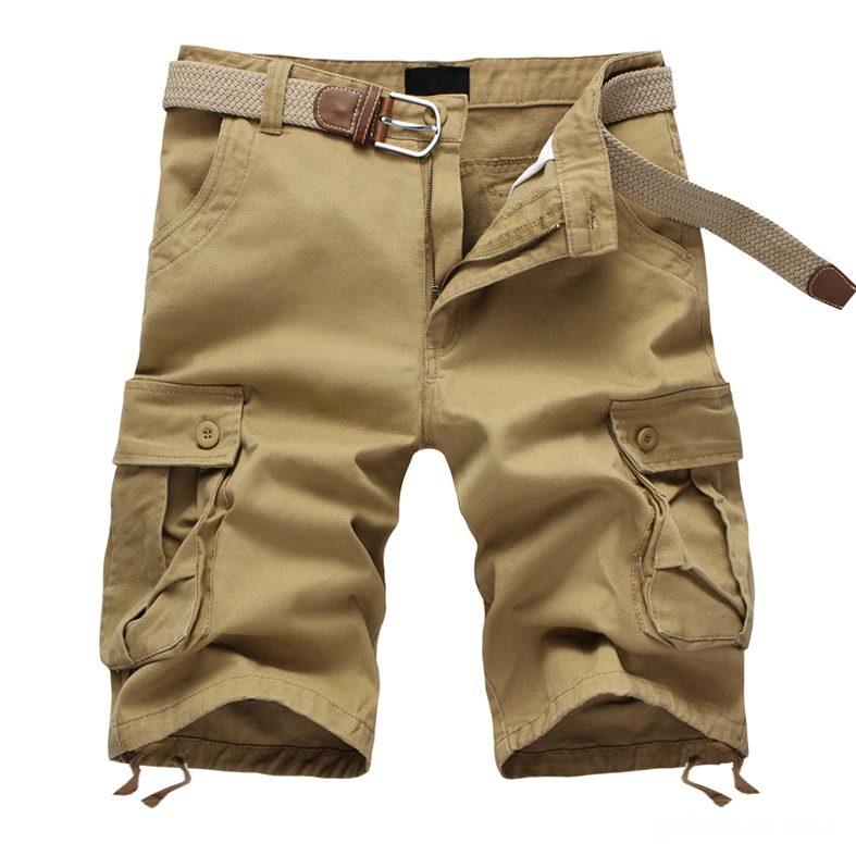 Khaki gothic utility cargo shorts with beige fabric belt and flap cargo pockets detail