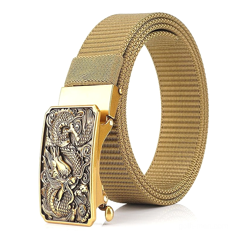 Khaki nylon tactical belt with gold dragon zinc alloy buckle classic webbed design military style