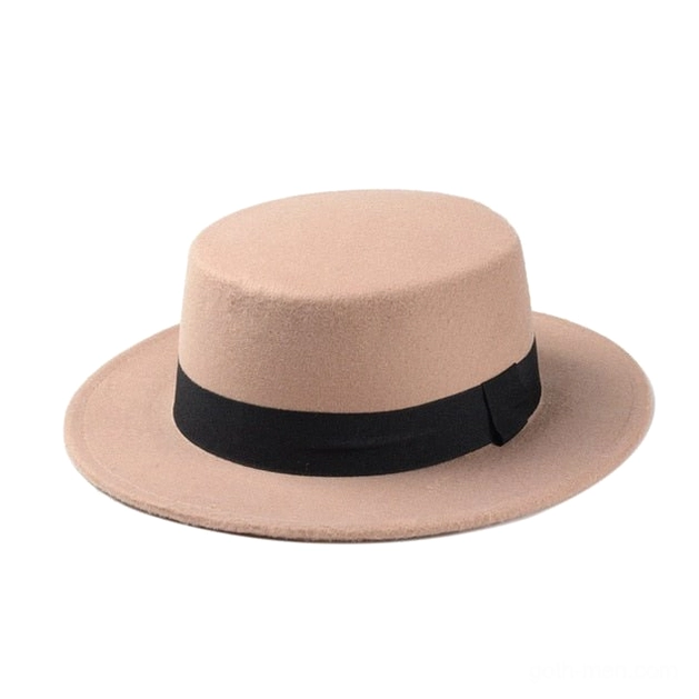 Khaki tan wool felt flat top fedora with black ribbon detail, front view gothic alternative headwear