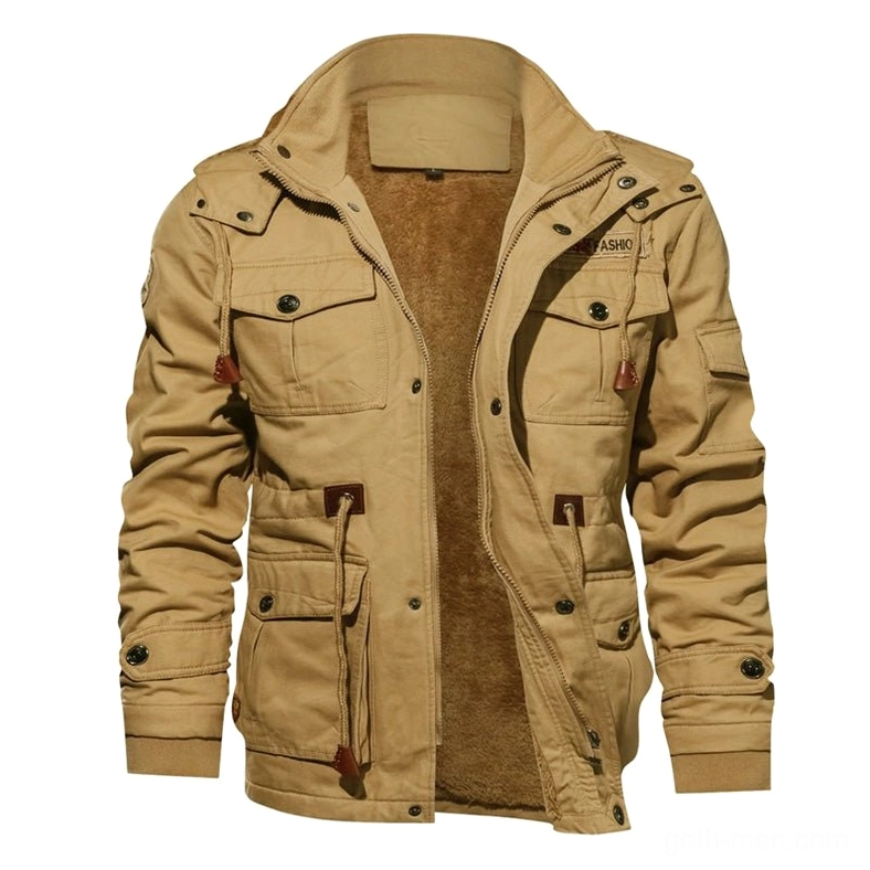 Khaki thick fleece-lined winter jacket with zip button closure multiple cargo pockets front