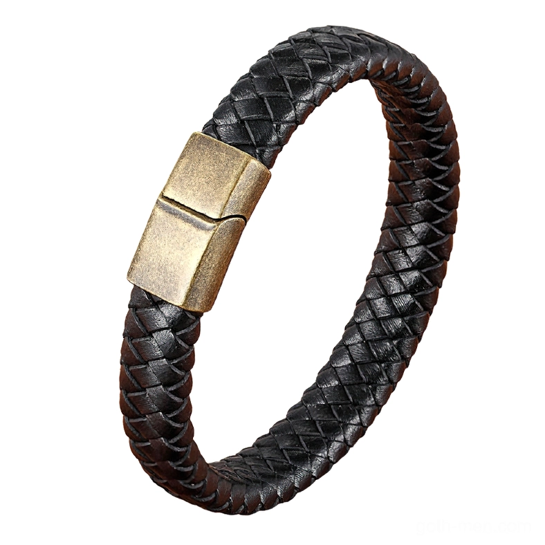 Khaki braided leather bracelet with bronze-toned magnetic clasp, alternative men's gothic style accessory