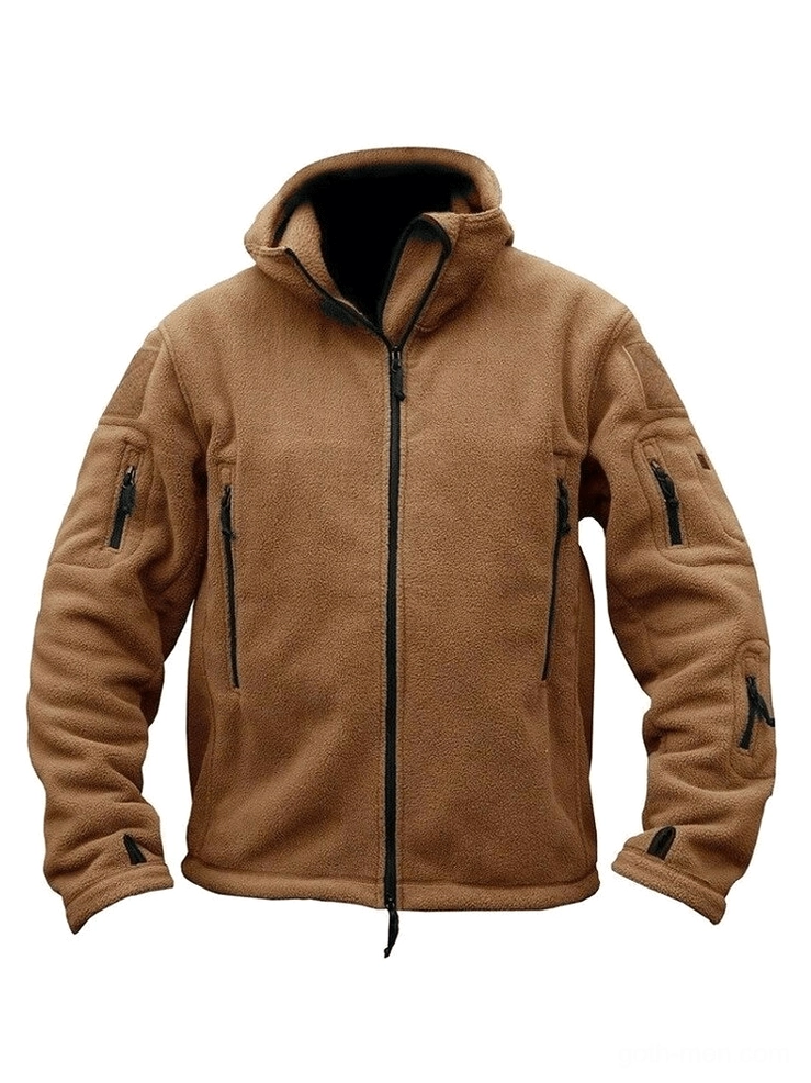 Tan khaki tactical fleece hooded jacket front view with full zipper and hood