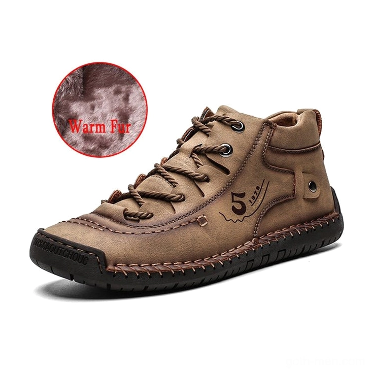 Light khaki gothic ankle boots with plush fur interior and authentic lace-up closure system