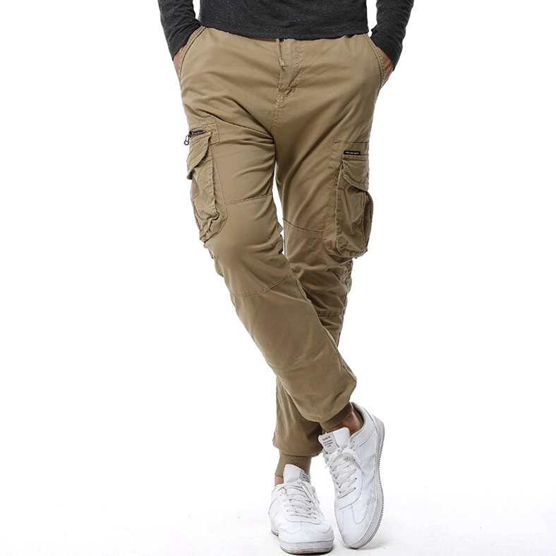 Khaki tactical cargo joggers front partial view with white sneakers showing ankle detail