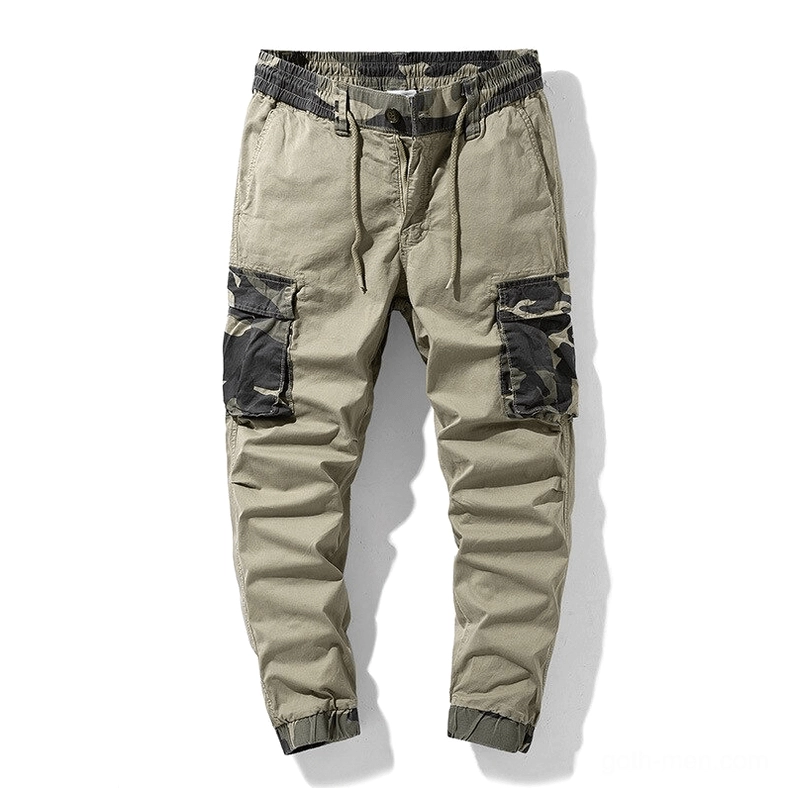 Khaki camouflage cargo joggers with utility pockets alternative streetwear front