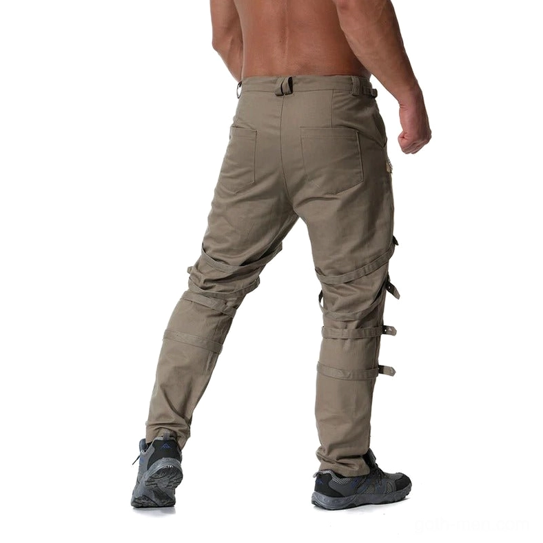 Khaki gothic cargo pants back view showing patch pockets and leg buckle hardware