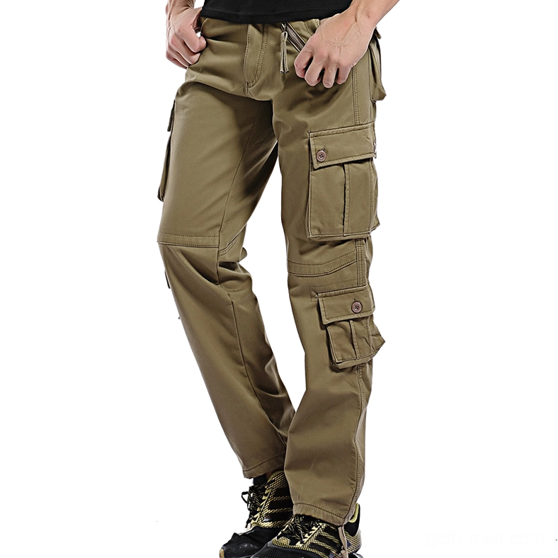 Men's khaki cargo pants three-quarter side view with drawstring waist and flap pockets - gothic military style