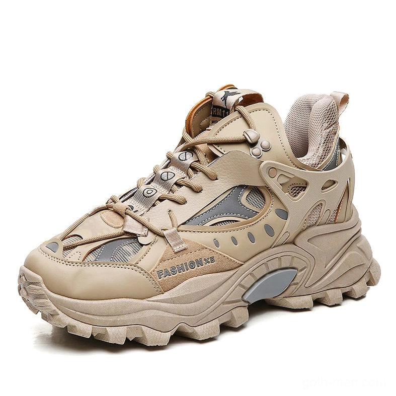 Khaki taupe gothic platform sneakers with suede-mesh upper and rugged thick outsole, three-quarter front view