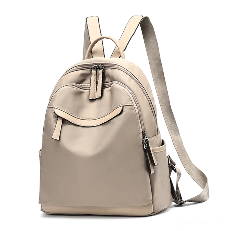 Khaki minimalist daily carry backpack with leather zipper pulls oxford fabric