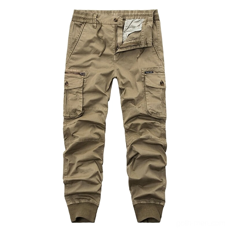 Khaki gothic joggers flat lay view featuring ribbed tapered cuffs and multi-cargo pocket design