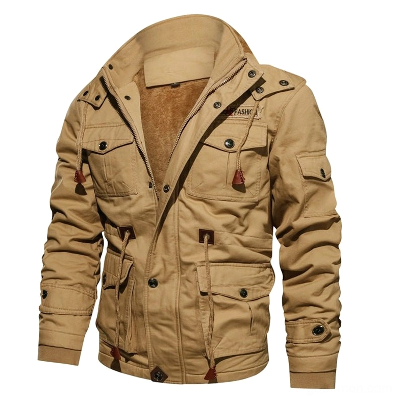 Khaki dark tactical fleece jacket with cargo flap pockets and leather toggle fasteners front