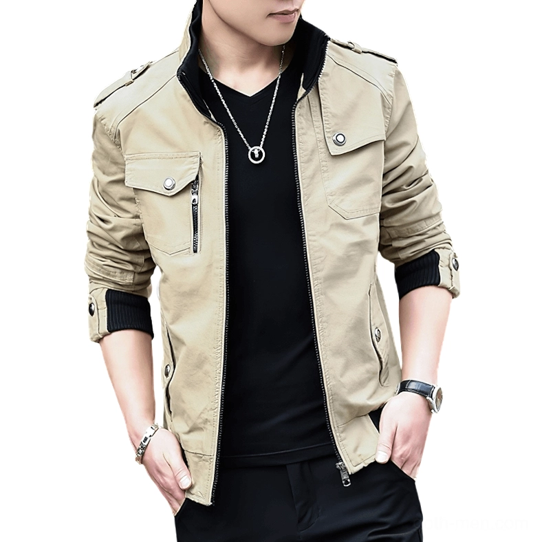 Khaki Gothic Military Jacket with Multiple Pockets – Stand Collar Utility Design