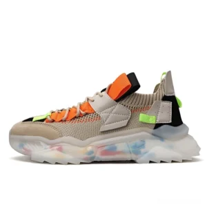 Khaki orange-trimmed gothic running sneaker with mesh upper and decorative outsole, front side view