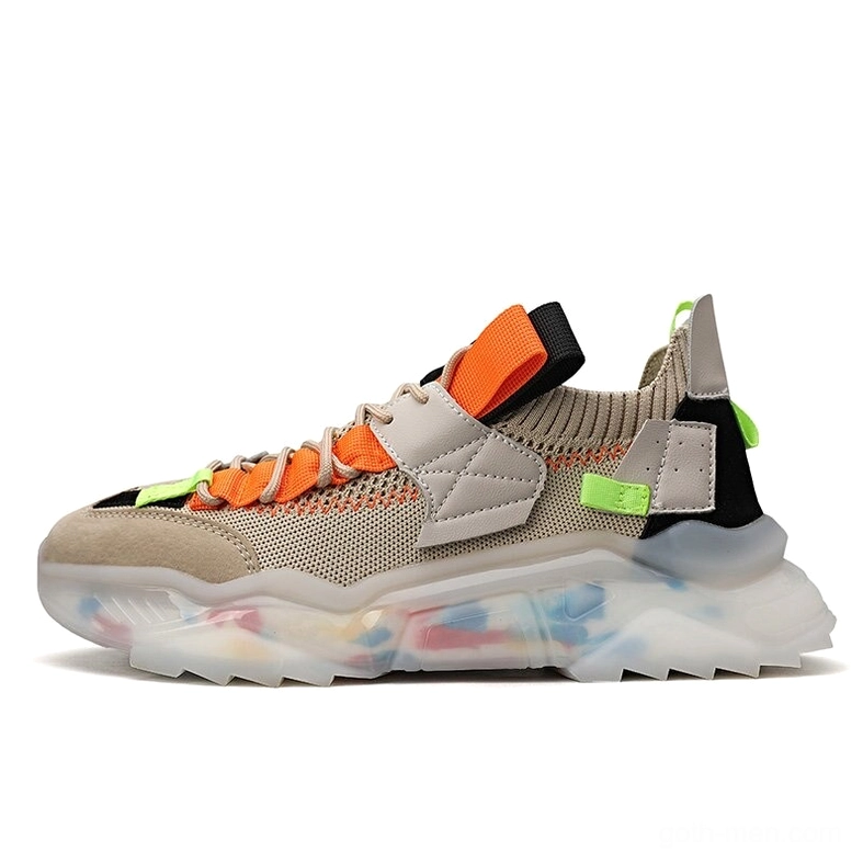 Khaki orange-trimmed gothic running sneaker with mesh upper and decorative outsole, front side view