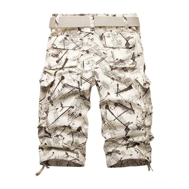 Light khaki graffiti print tactical cargo shorts with metal zipper fly and waist belt detail, studio flat lay perspective