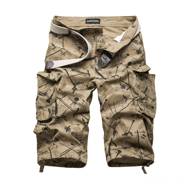 Khaki graffiti printed tactical cargo shorts with side pockets and drawstring hem, full front studio view