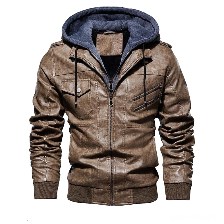 Men's hooded khaki faux leather gothic jacket alternative style studio display
