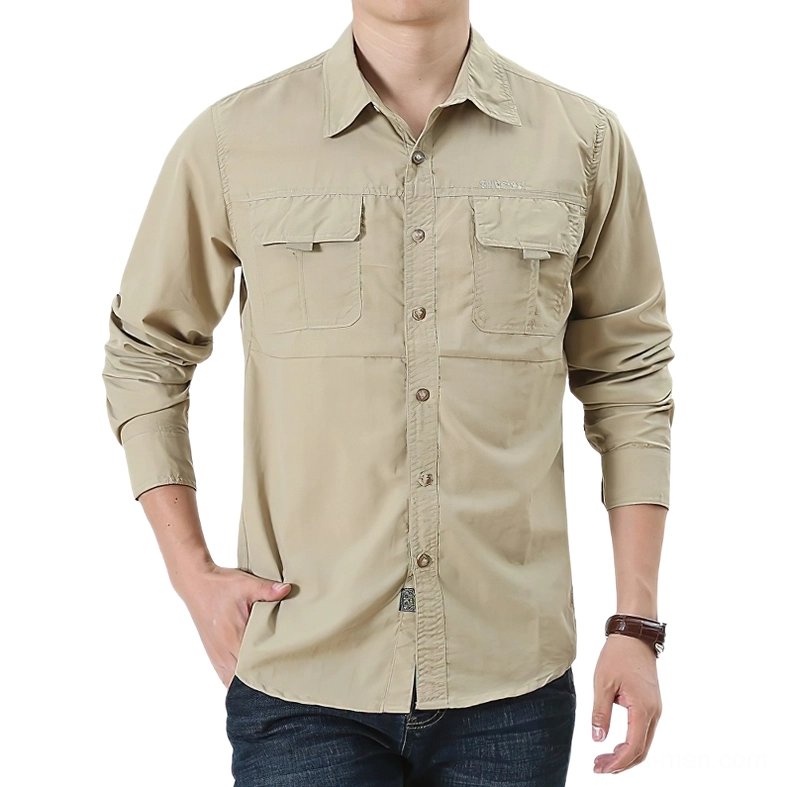 Khaki gothic utility button-up shirt front view with dual chest pockets on white background
