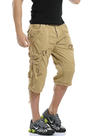 Khaki gothic military cargo capri shorts front view on male model - tactical loose fit knee-length