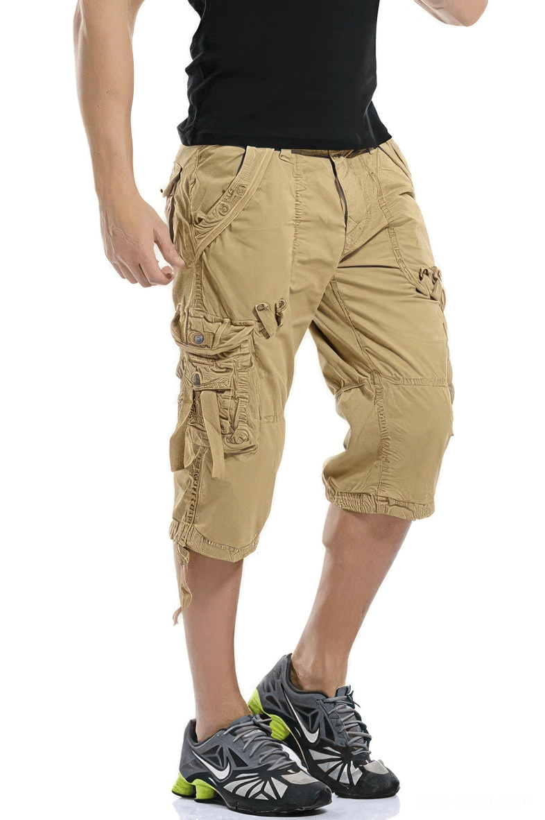 Khaki gothic military cargo capri shorts front view on male model - tactical loose fit knee-length