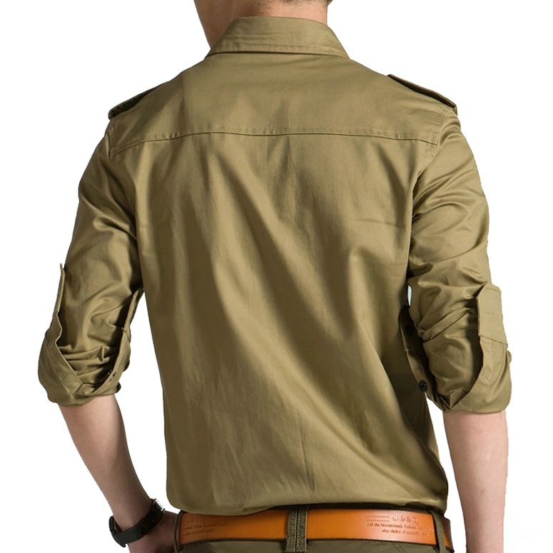 Khaki military casual shirt rear view showing solid cotton fabric and rolled sleeves with structured shoulders
