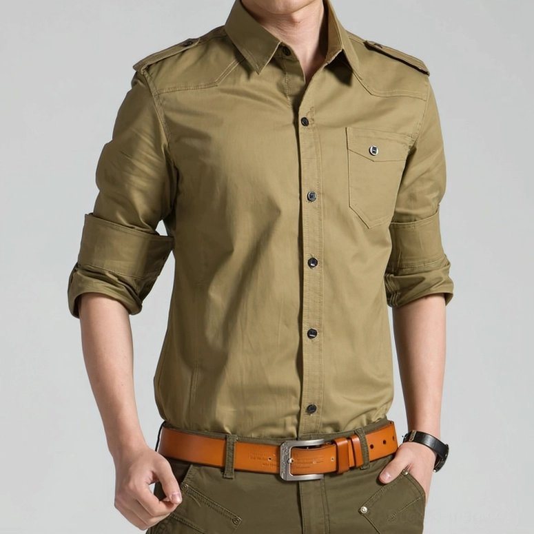 Khaki military gothic casual shirt front view with chest pocket and roll-up sleeves, styled with leather accessories