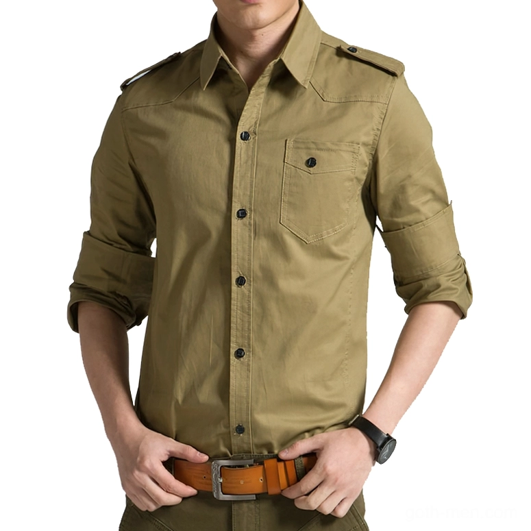 Khaki military gothic shirt for men with structured epaulets and minimalist chest pocket, slim fit alternative style