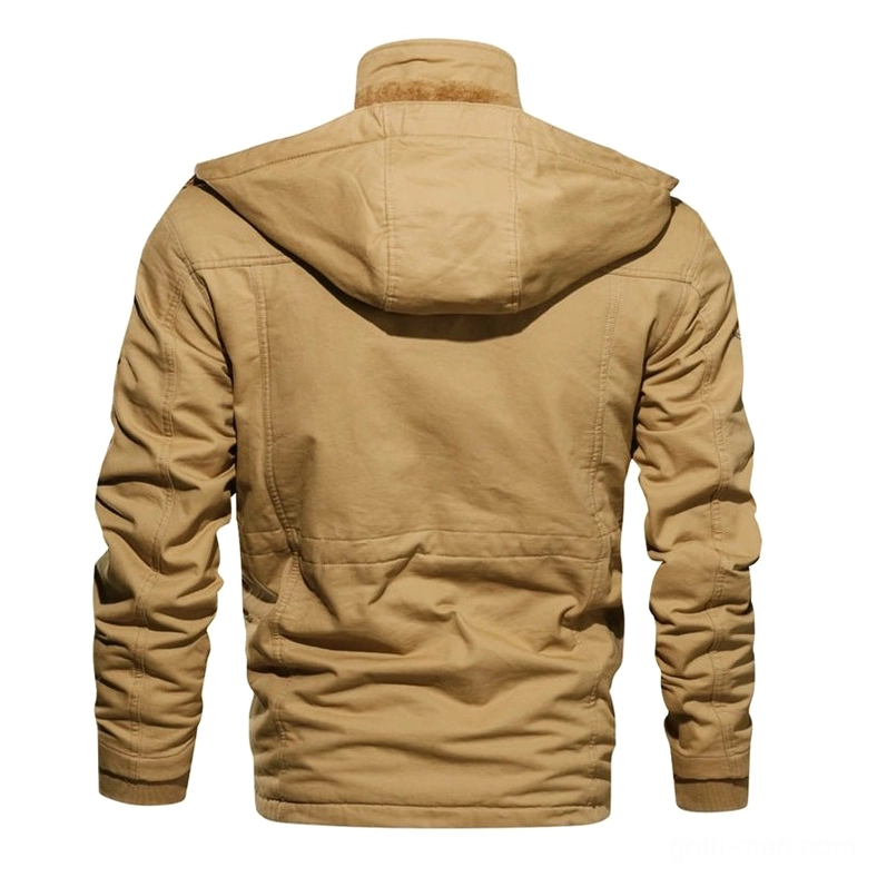 Khaki tactical military jacket with attached hood solid canvas back view minimal decoration