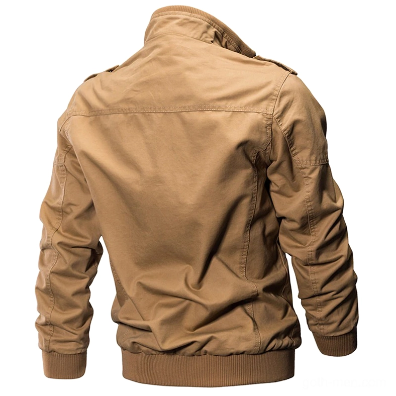 Khaki brown military cotton jacket back view ribbed hem cuffs solid construction goth utility