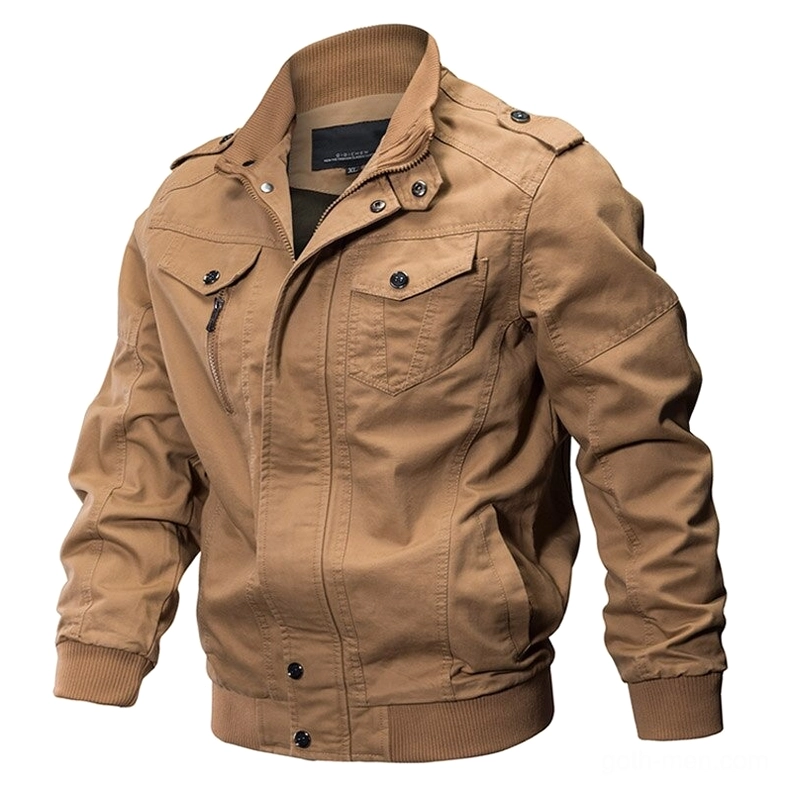 Khaki brown military cotton jacket dual chest pockets side hand pockets shoulder epaulets three-quarter view