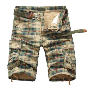 Men's khaki green plaid cargo shorts with side pockets and matching belt, flat lay display