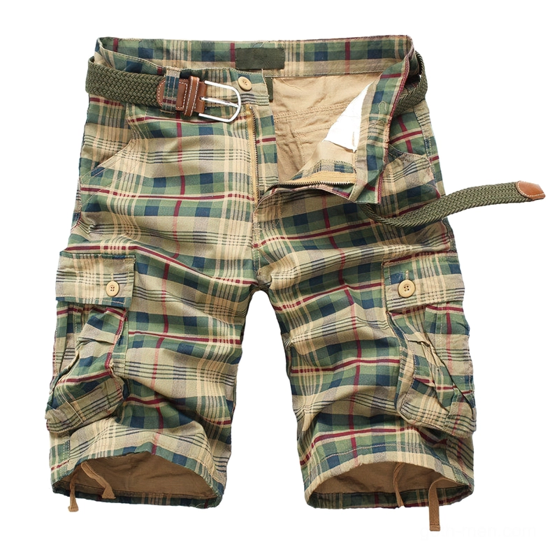 Men's khaki green plaid cargo shorts with side pockets and matching belt, flat lay display