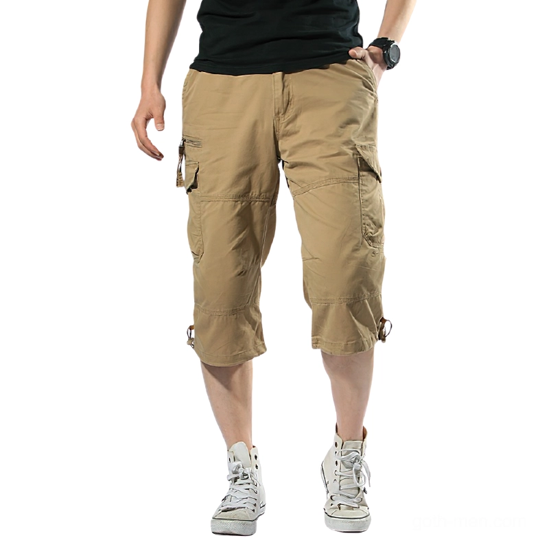 Men's khaki tactical cargo capri shorts front view with functional cargo side pockets and drawstring cuffs