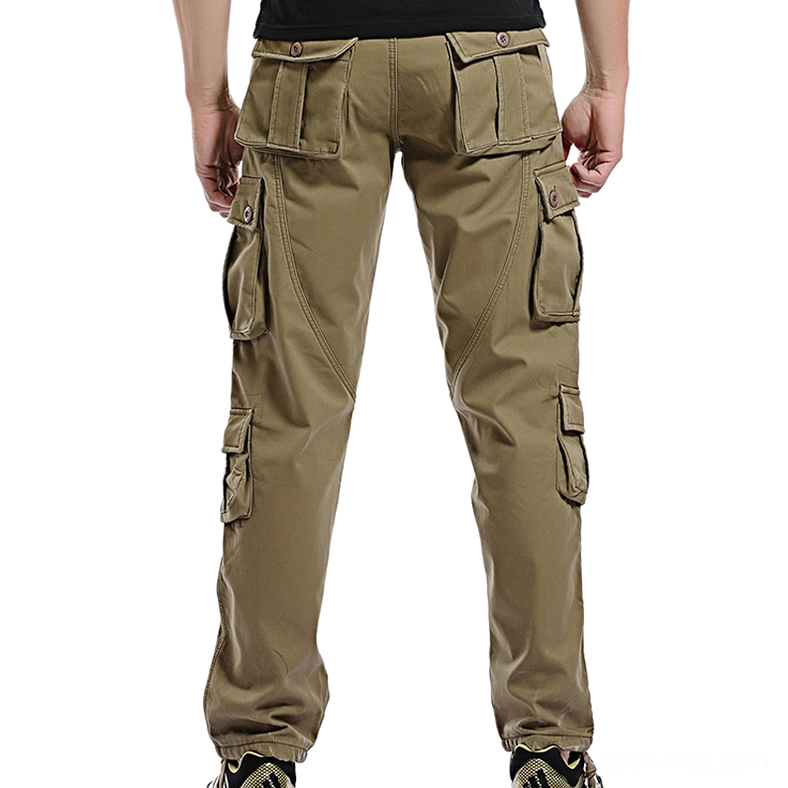 Men's khaki tactical cargo pants rear view with multiple flap pockets - goth utility streetwear