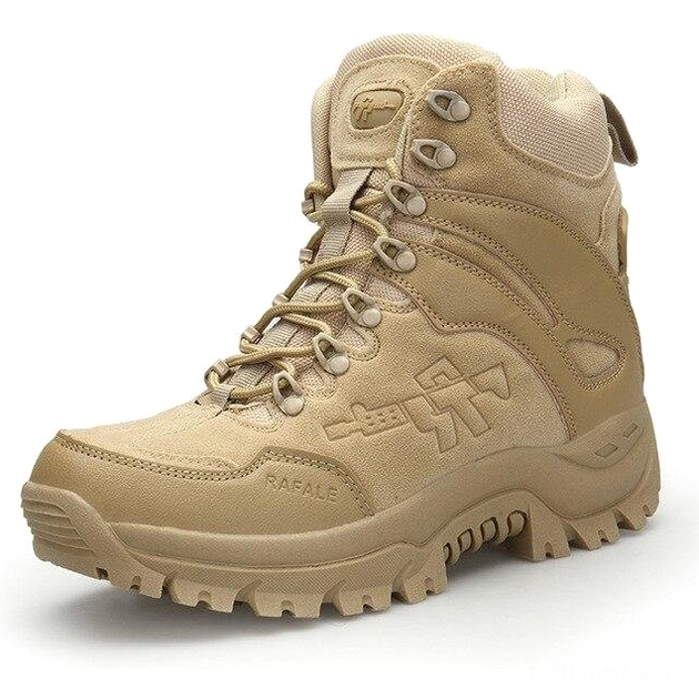 Khaki tan tactical combat boot single front three-quarter showing canvas-suede blended upper material