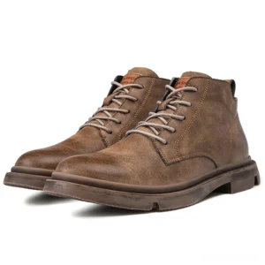 Khaki tan gothic ankle boots featuring vintage matte leather and thick non-slip lug sole for autumn wear