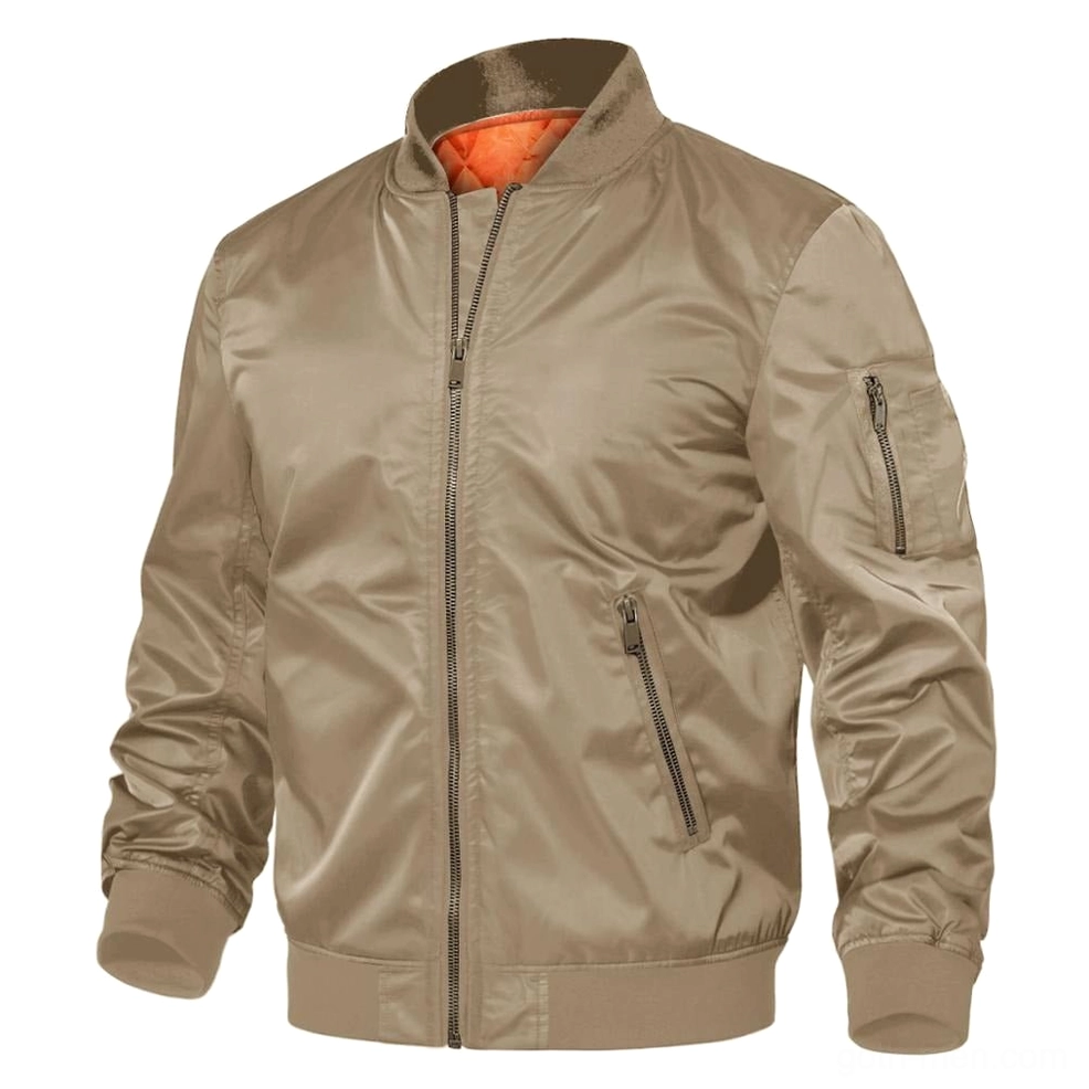 Khaki tan MA-1 bomber jacket with zippered side and arm pockets - industrial gothic aesthetic