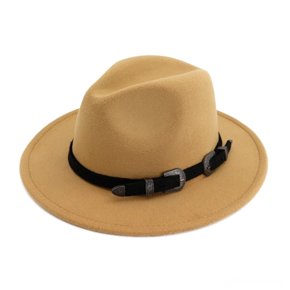 Khaki vintage trilby fedora with black hat band and antique belt buckles, alternative fashion piece