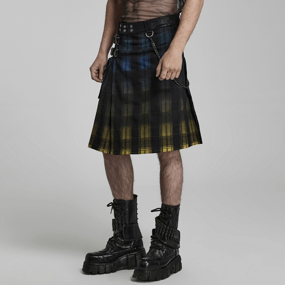 Goth tartan kilt construction seam detail stitching reinforcement metal accents
