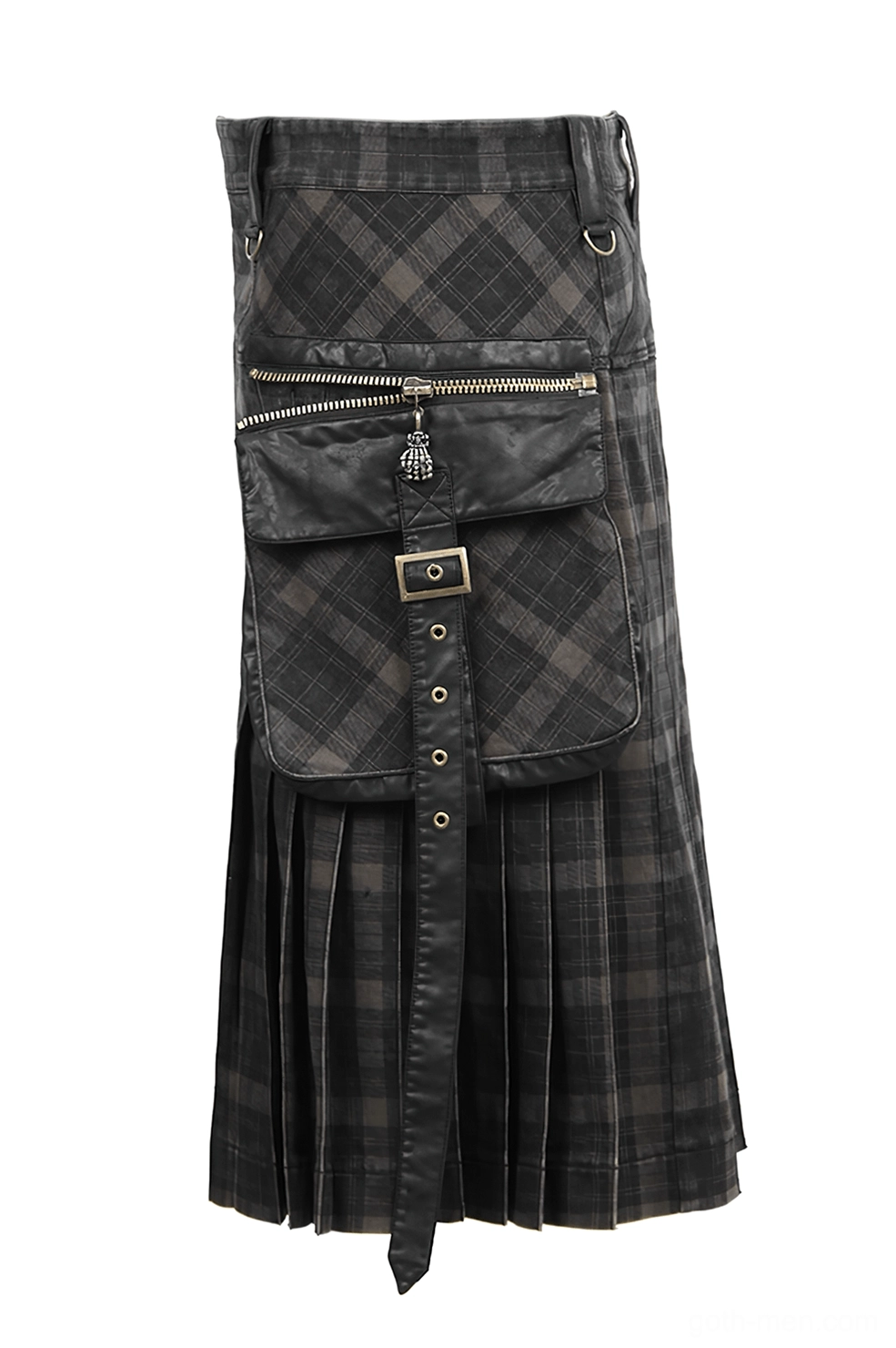 Close-up detail of kilt pocket panel showing zippered compartments and metal buckle accents