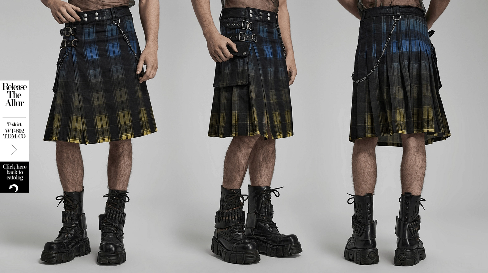 Tartan kilt waist chain metal hardware detail industrial goth aesthetic