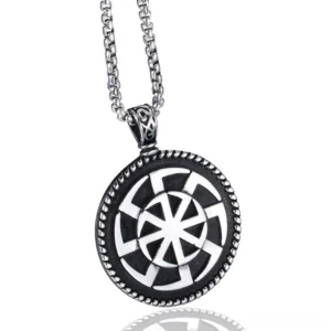Kolovrat Slavic sun stainless steel gothic pendant with rope-trimmed circular design, two-tone silver and black finish, front view on white background