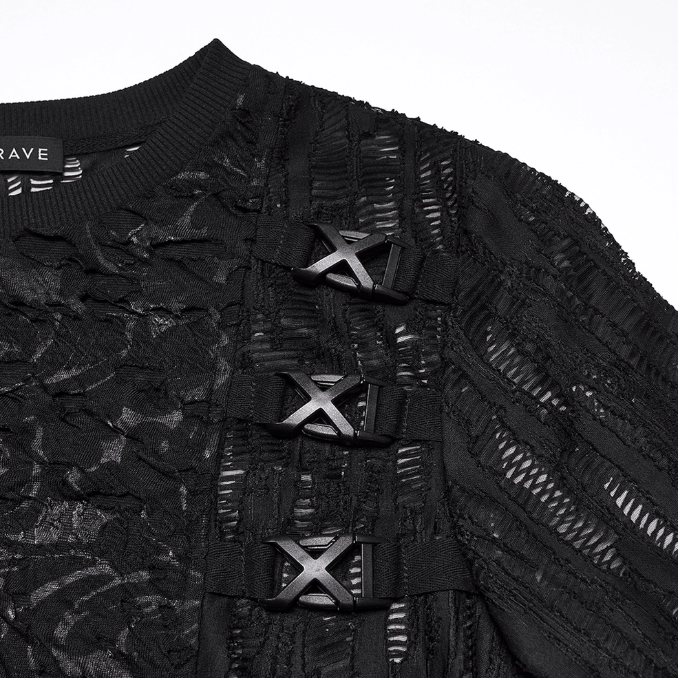 Close-up detail of X-shaped lace-up shoulder straps on black mesh gothic T-shirt with distressed mesh base fabric