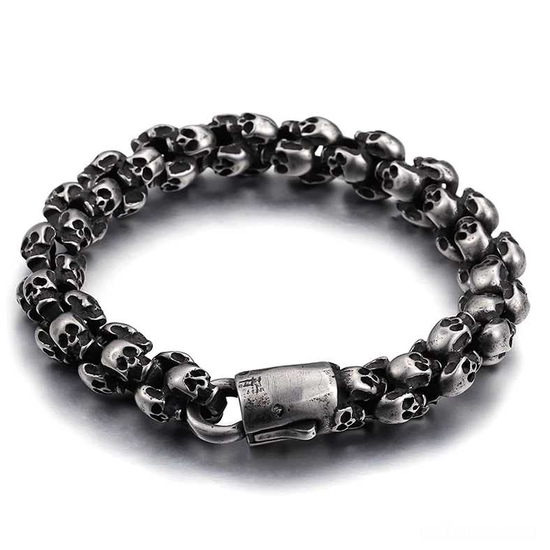 Large antique stainless steel punk skull chain bracelet with heavy duty clasp and full skull link construction